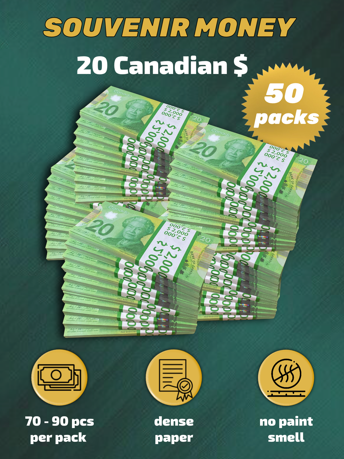 20 Canadian Dollars prop money stack two-sided fifty packs