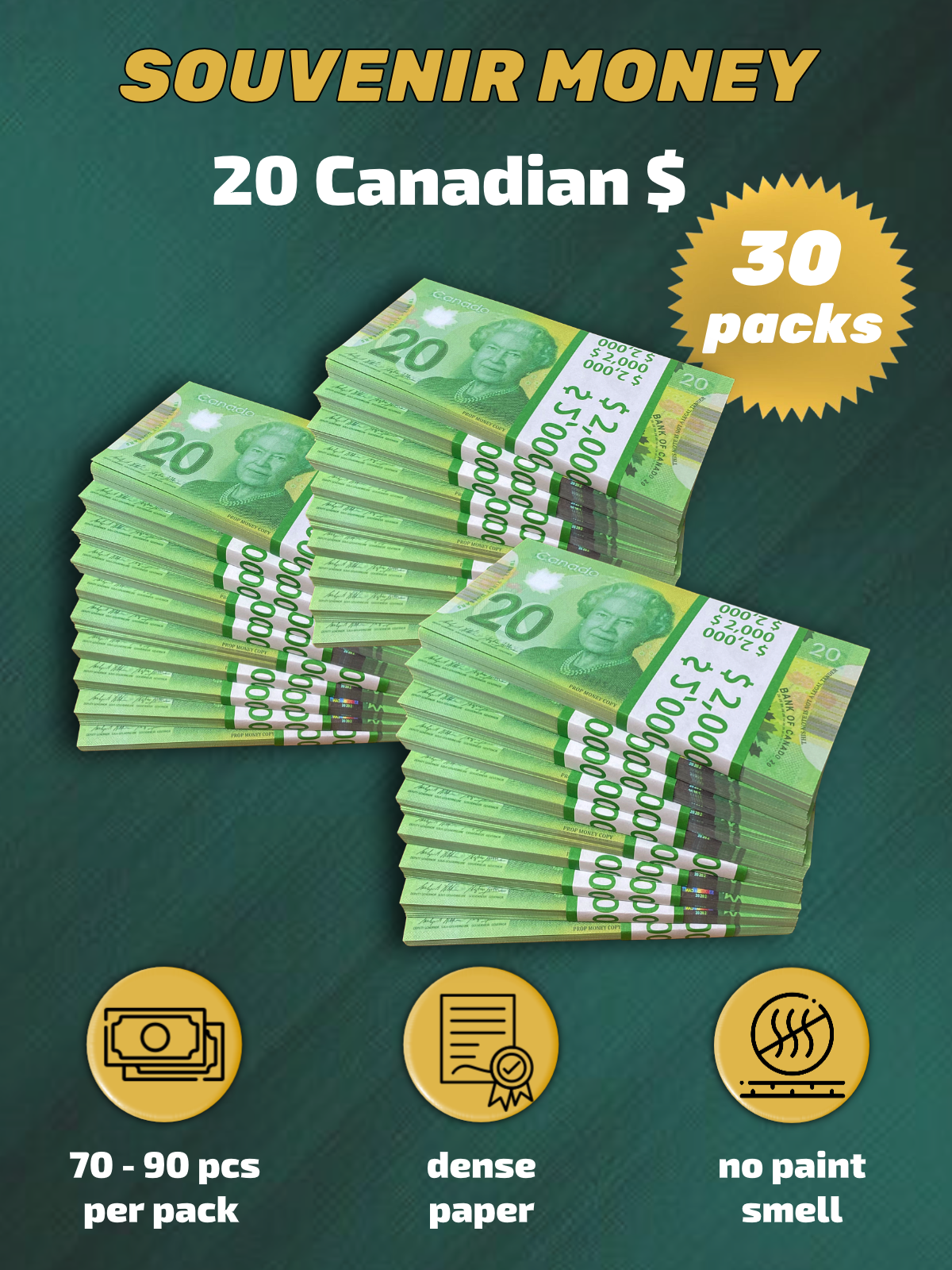 20 Canadian Dollars prop money stack two-sided thirty packs