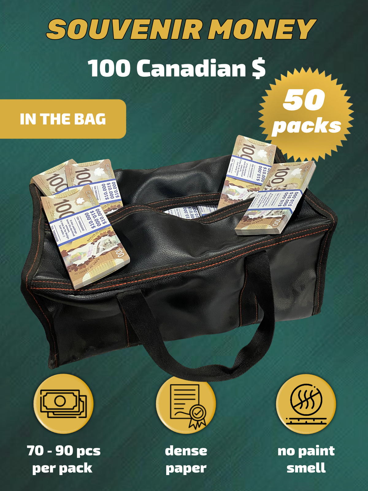 100 Canadian Dollars prop money stack two-sided fifty packs &amp; money bag