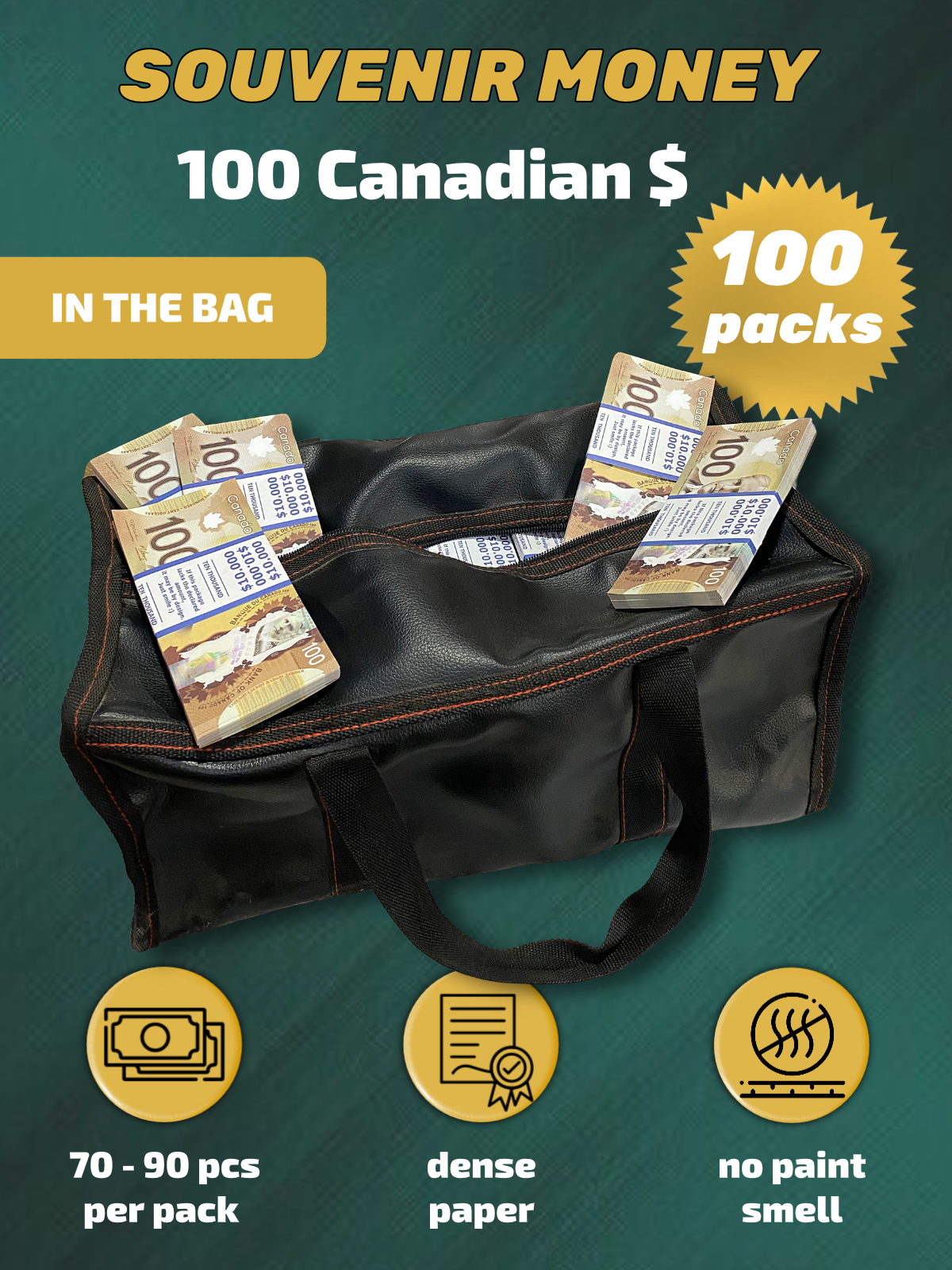 100 Canadian Dollars prop money stack two-sided one hundred packs &amp; money bag