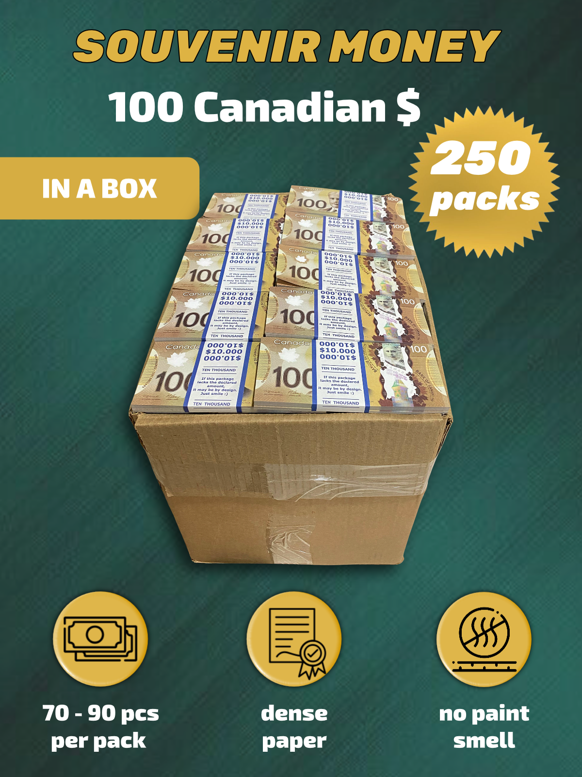 100 Canadian Dollars prop money stack two-sided two hundred fifty packs