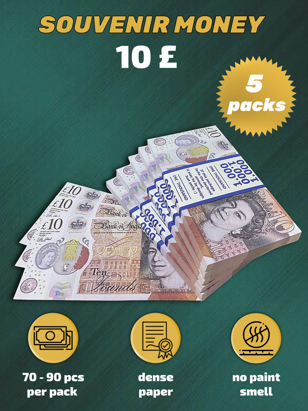 10 British pounds prop money stack two-sided five packs