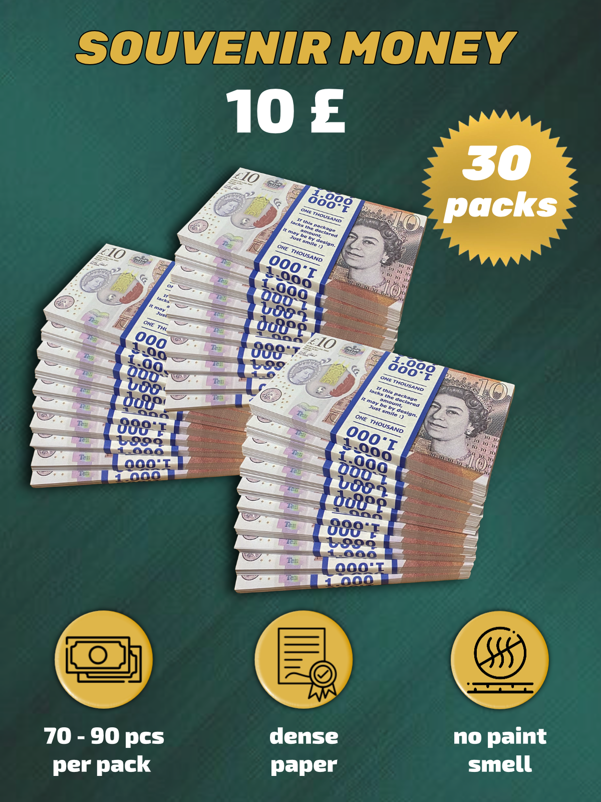  10 British pounds prop money stack two-sided thirty packs