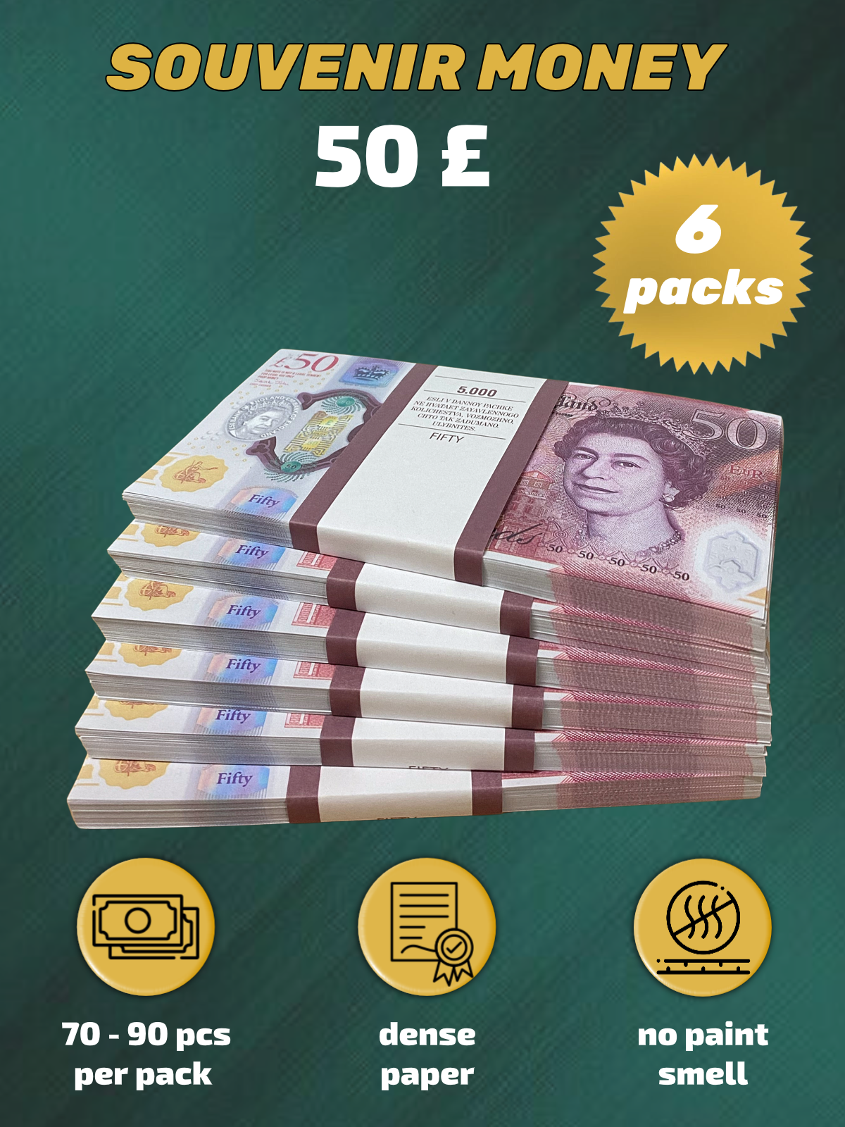 50 British pounds prop money stack two-sided six packs