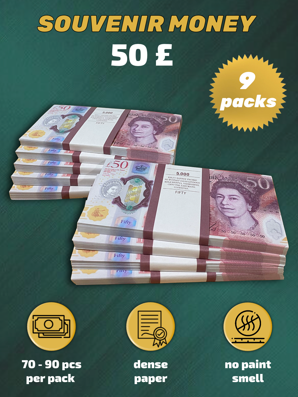 50 British pounds prop money stack two-sided nine packs