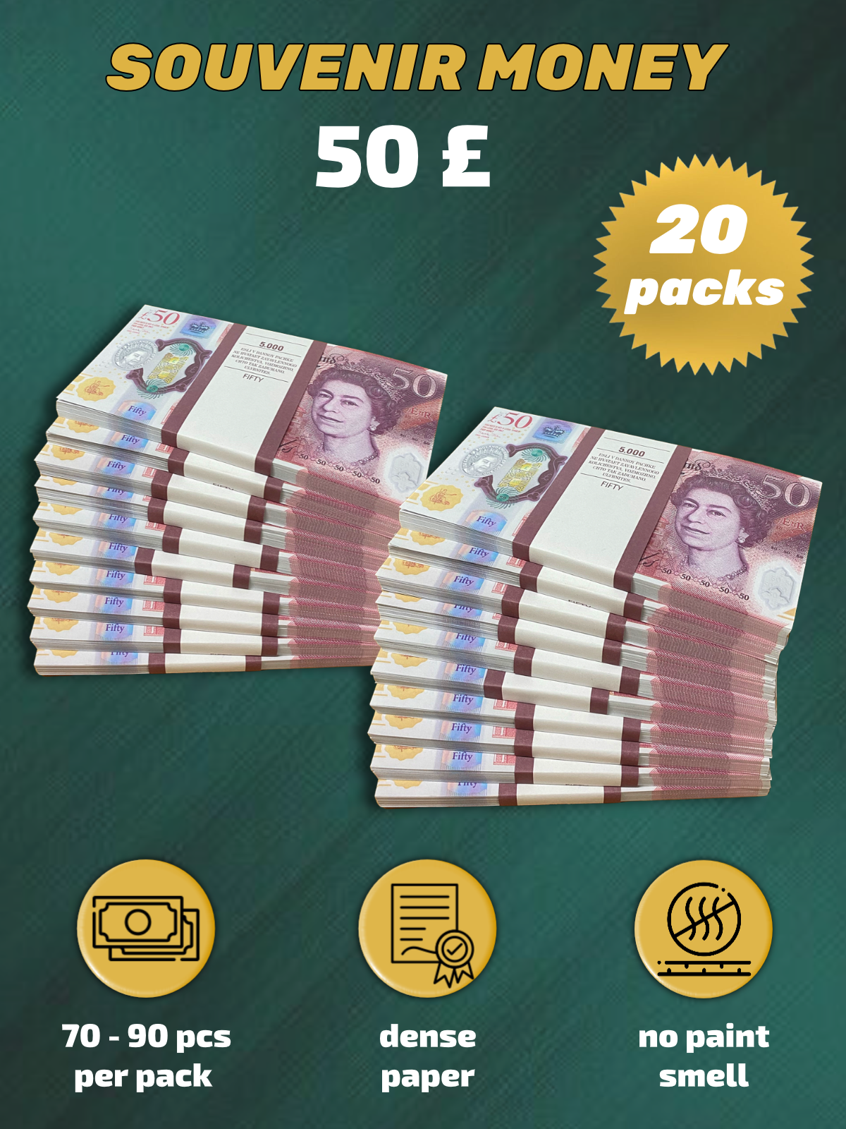 50 British pounds prop money stack two-sided twenty packs