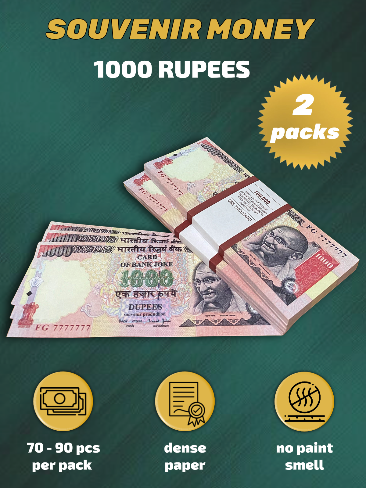 1000  Indian Rupees prop money stack two-sided two packs