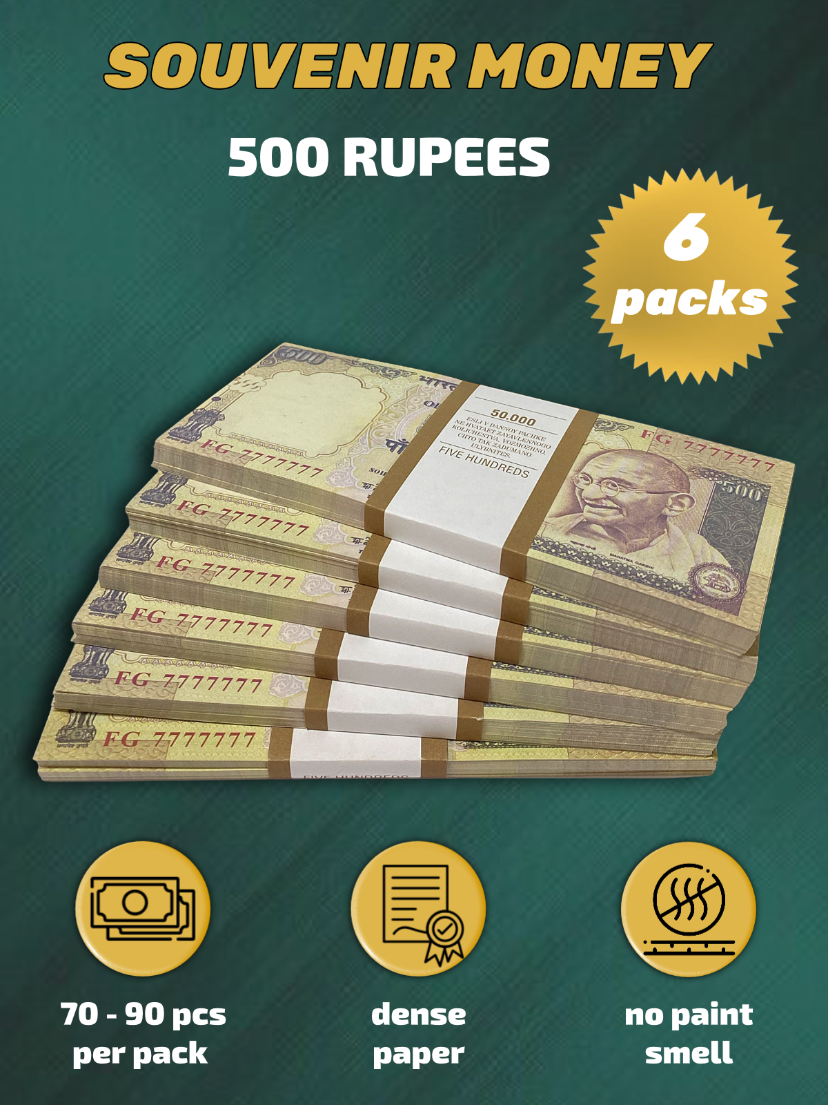 500  Indian Rupees prop money stack two-sided six packs