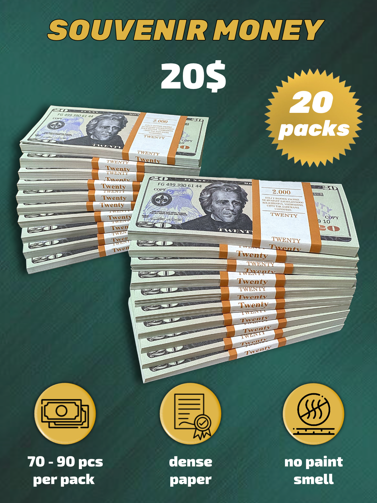 1 US Dollars prop money stack two-sided twenty pack