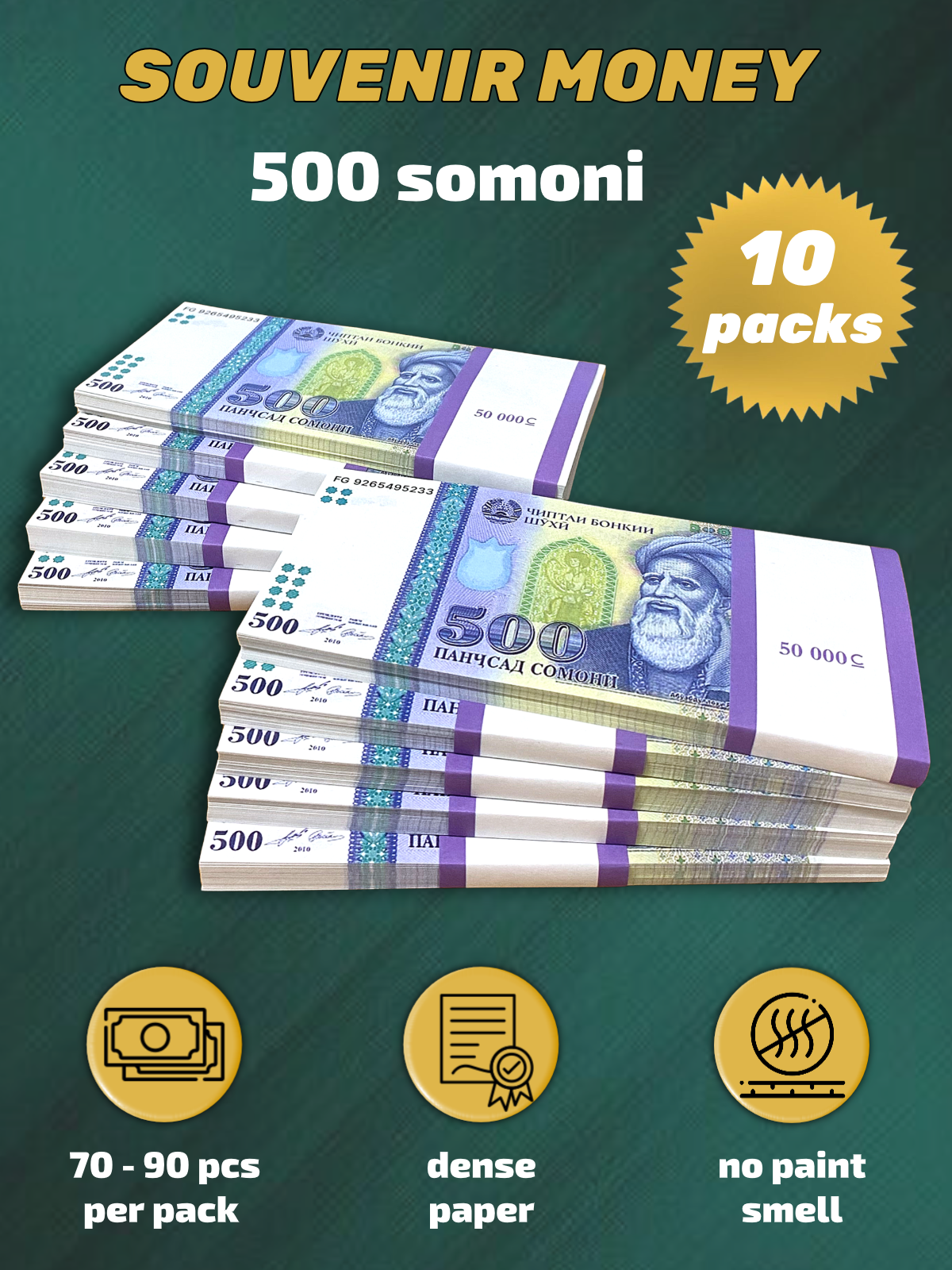 500 Tajikistani Somoni prop money stack two-sided ten packs