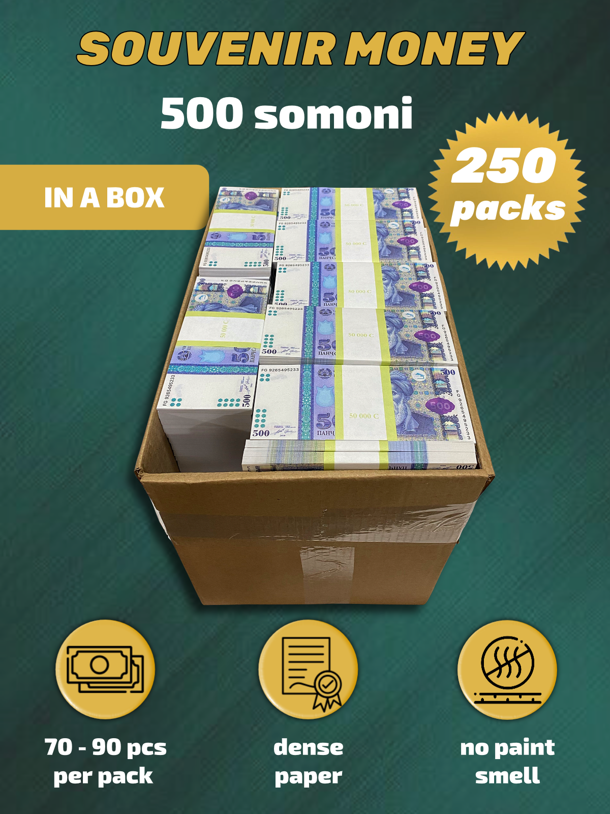 500 Tajikistani Somoni prop money stack two-sided two hundred fifty packs