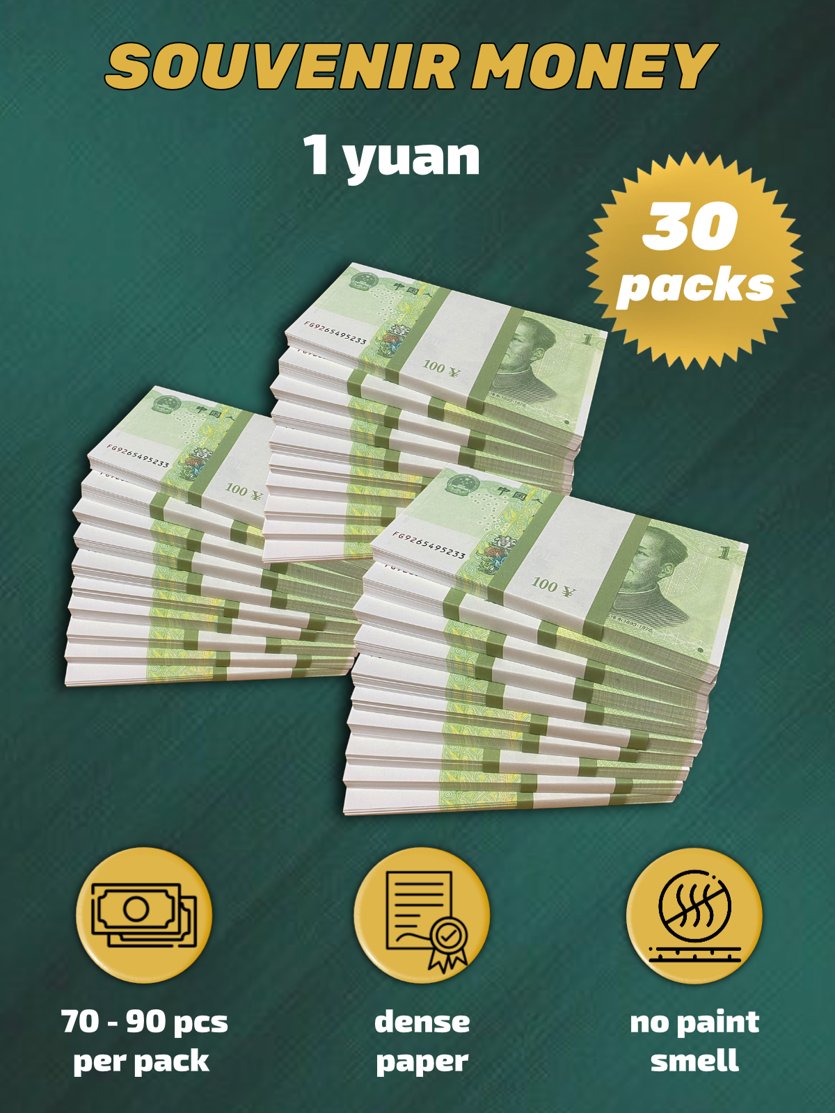 1 Chinese Yuan prop money stack two-sided thirty packs