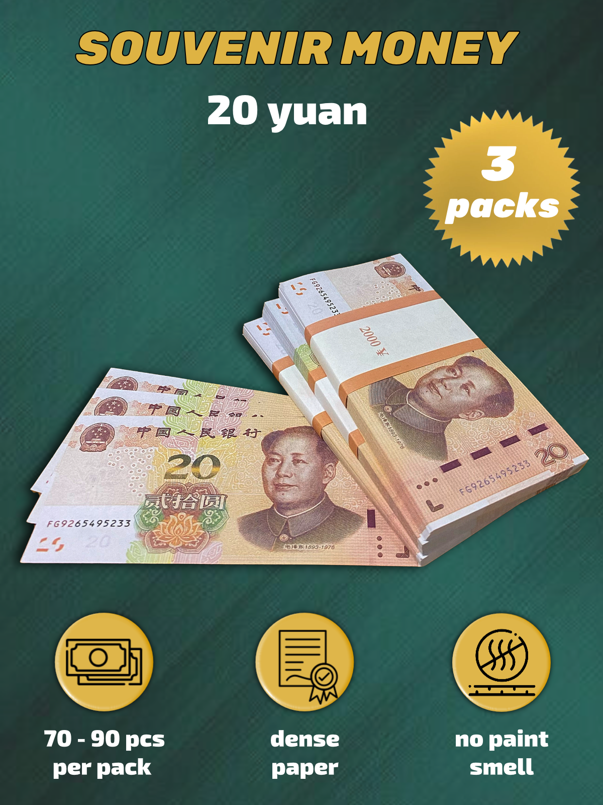 20 Chinese Yuan prop money stack two-sided three packs