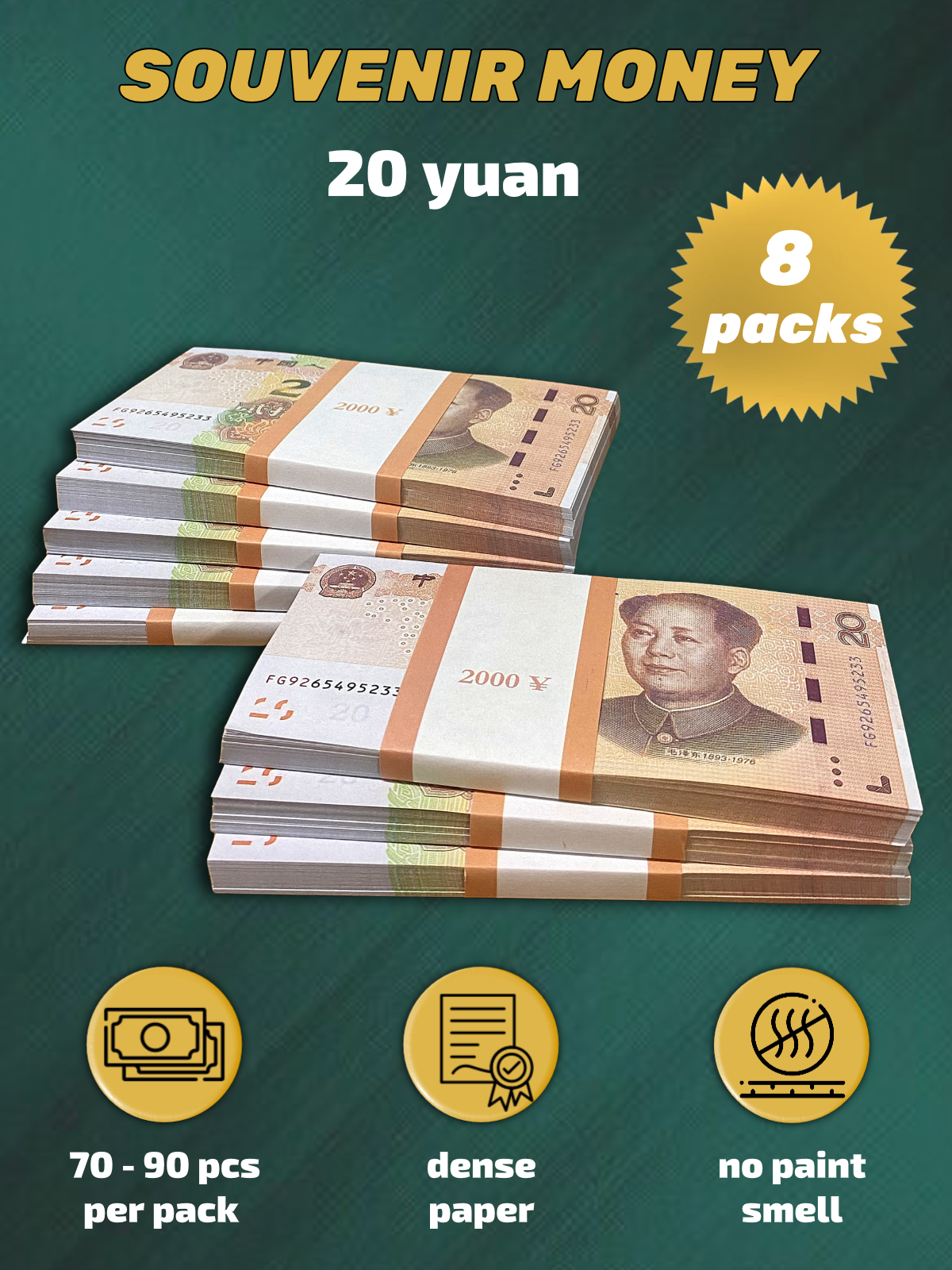 20 Chinese Yuan prop money stack two-sided eight packs