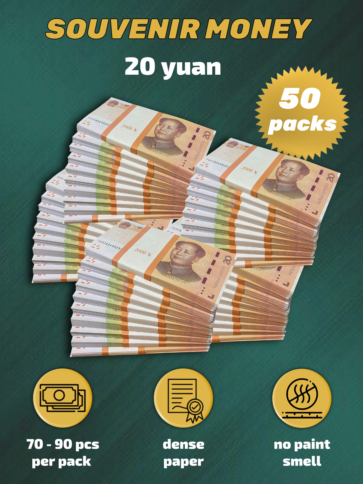 20 Chinese Yuan prop money stack two-sided fifty packs