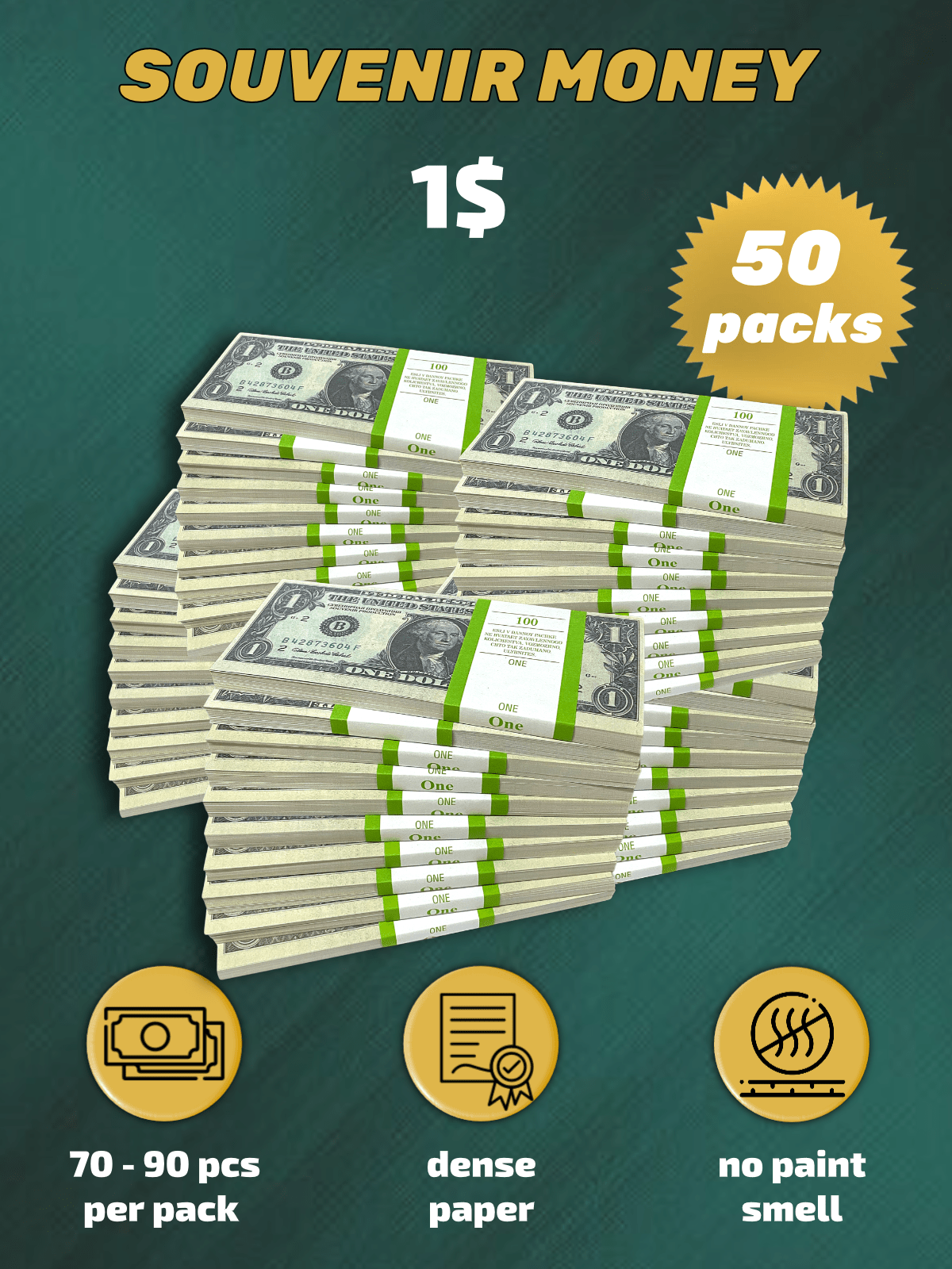 1 US Dollars prop money stack two-sided fifty packs