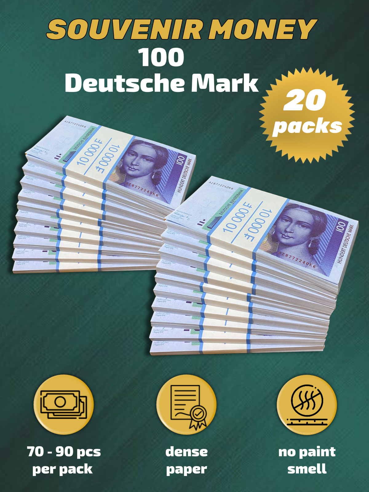 100 German marks prop money stack two-sided twenty packs