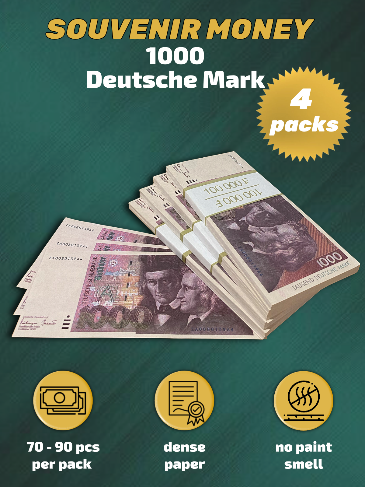 1000 German marks prop money stack two-sided four packs