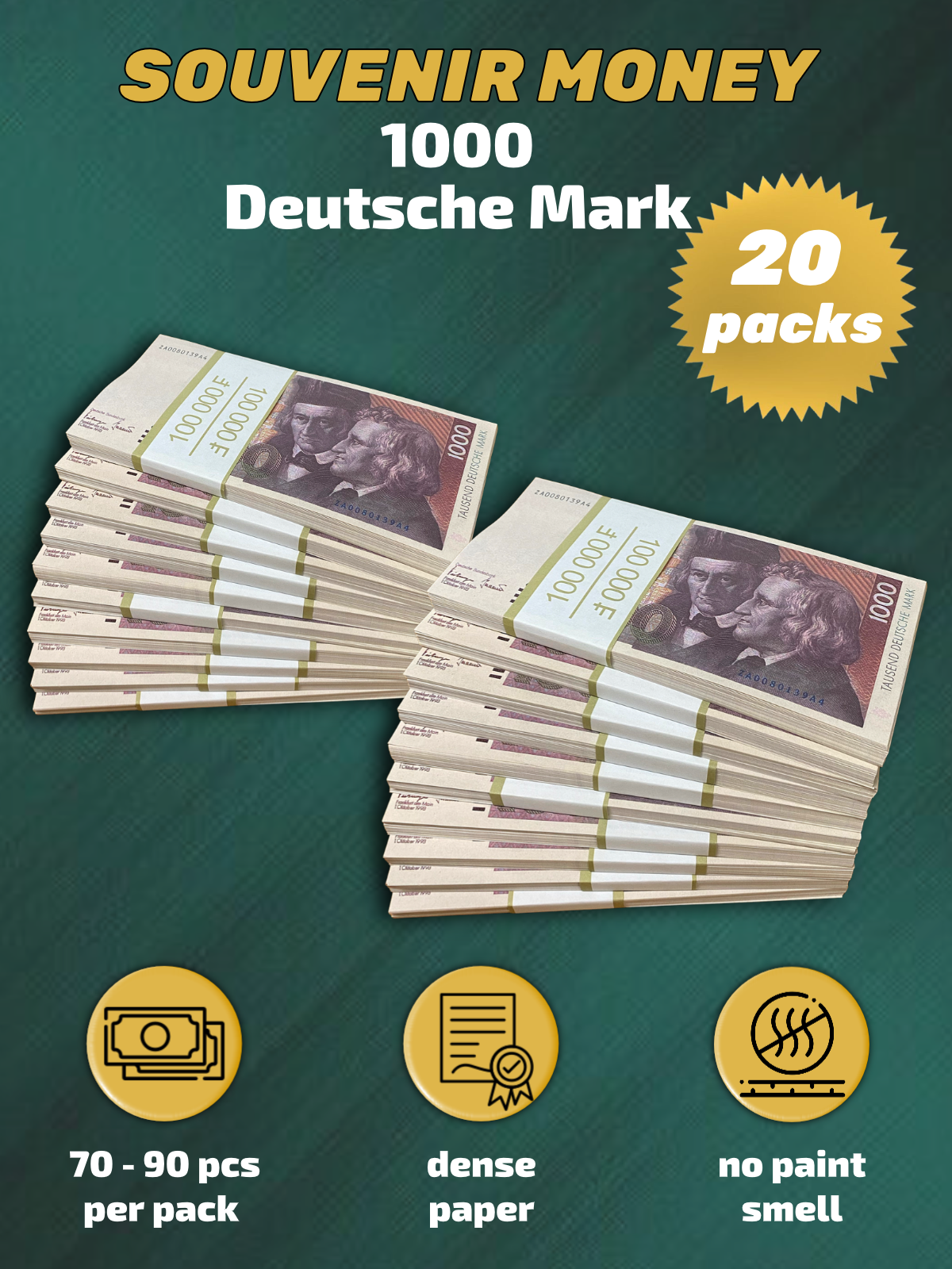 1000 German marks prop money stack two-sided twenty packs