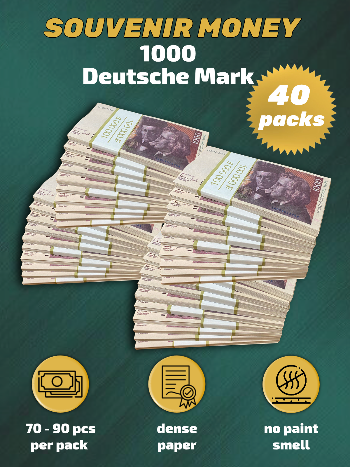 1000 German marks prop money stack two-sided forty packs