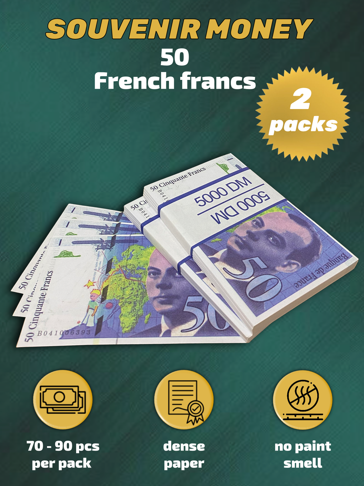 50 French francs prop money stack two-sided two packs