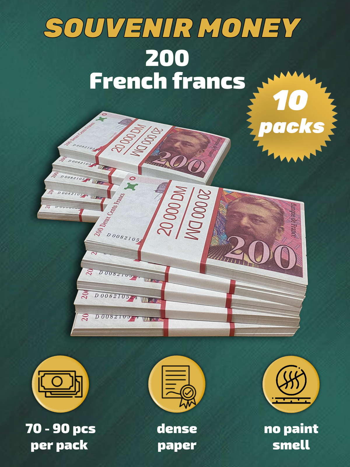 200 French francs prop money stack two-sided ten packs