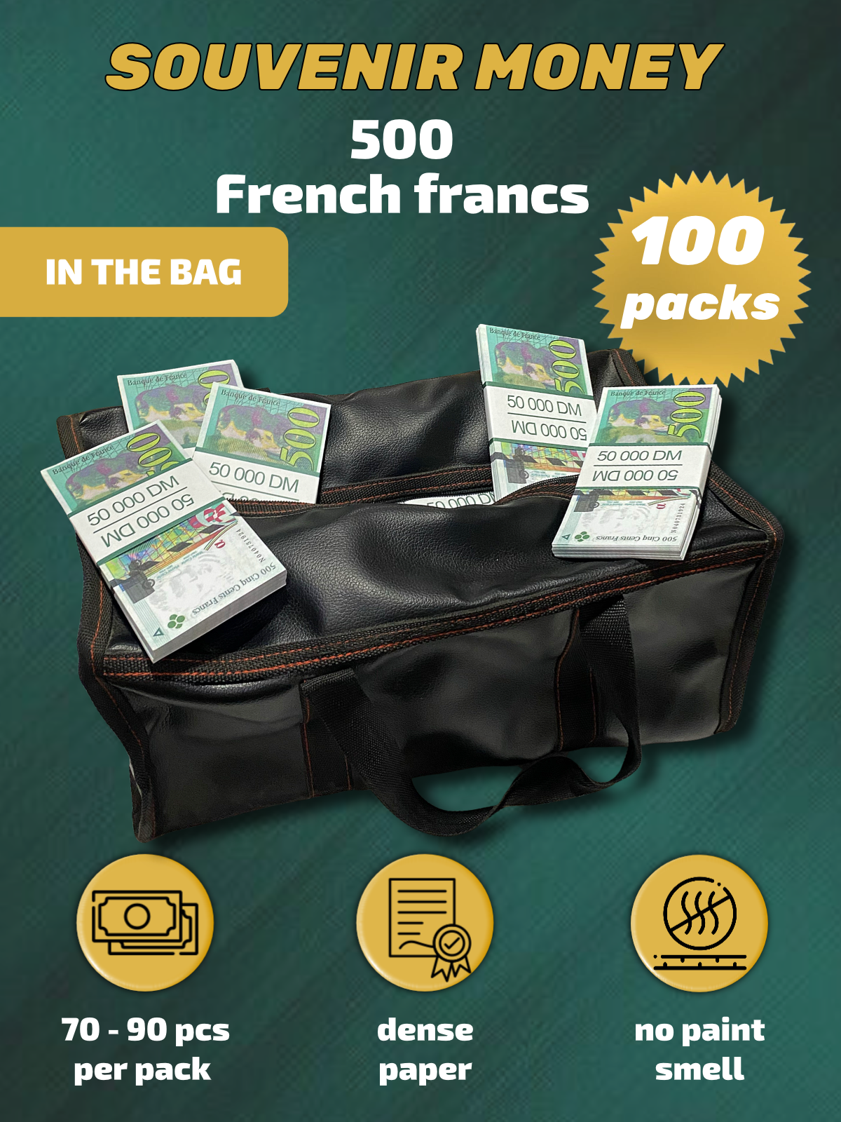 500 French francs prop money stack two-sided one hundred packs & money bag