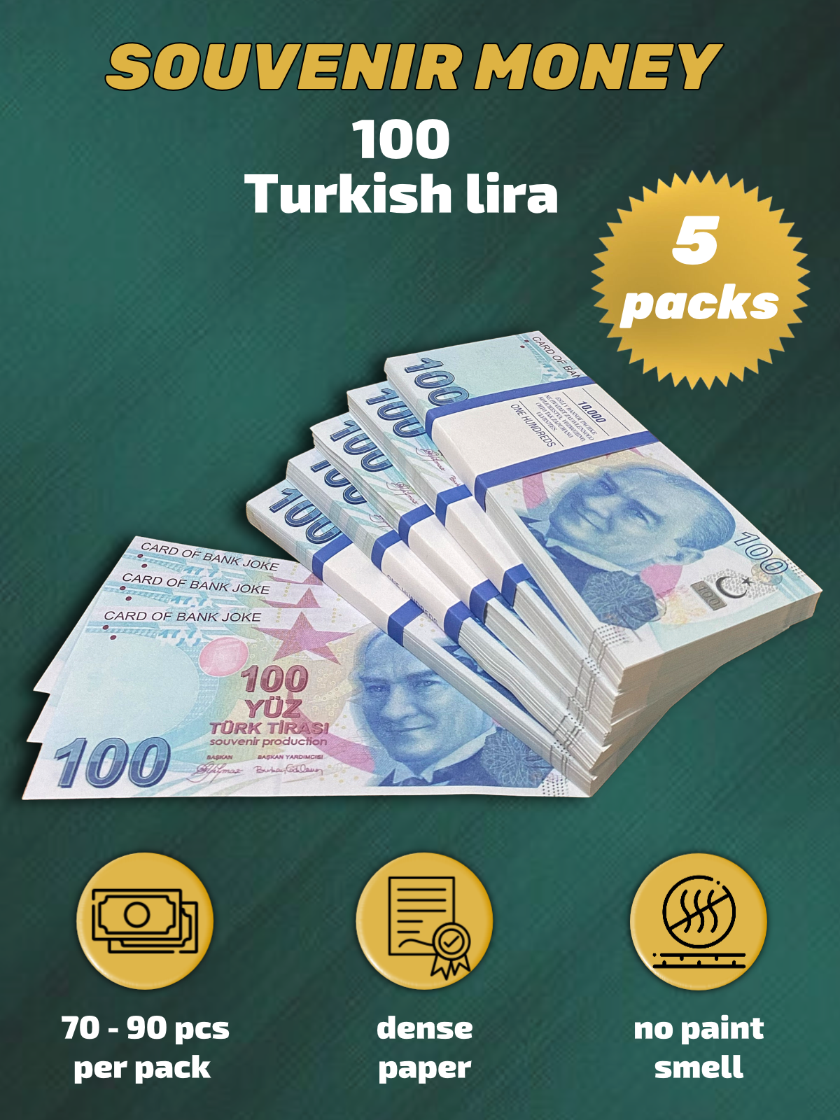 100 Turkish lira prop money stack two-sided five packs