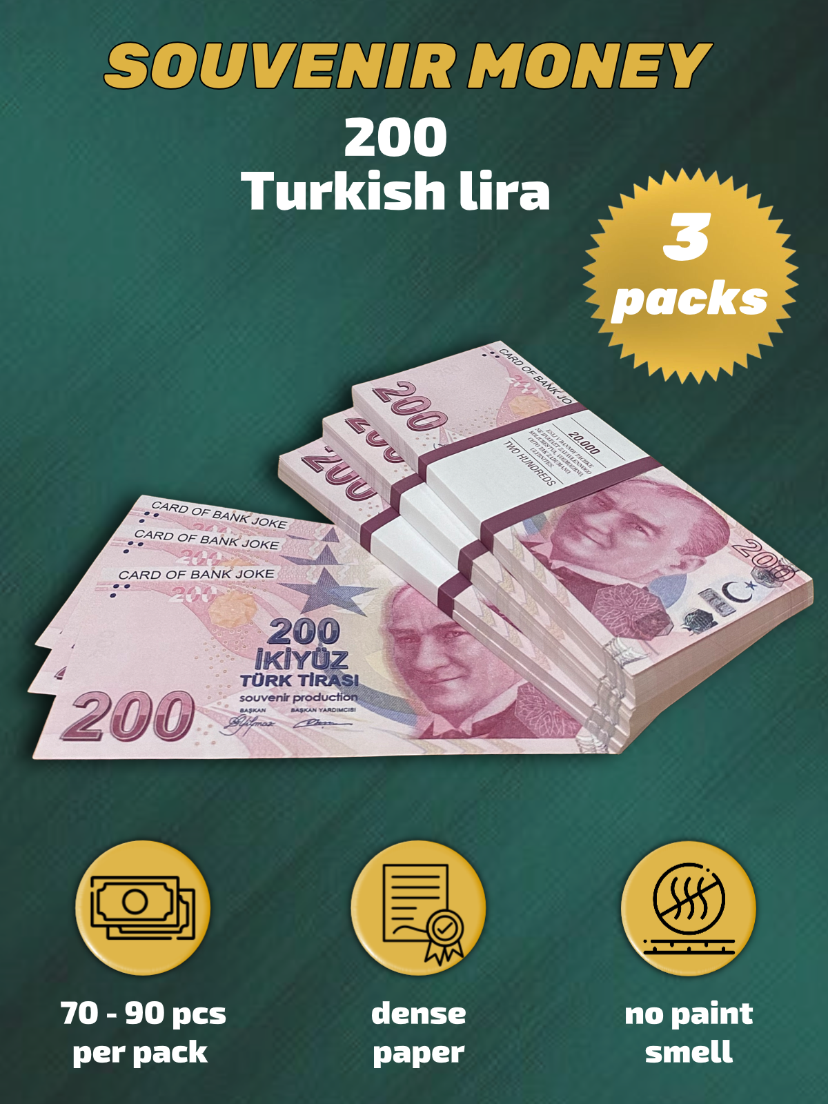 200 Turkish lira prop money stack two-sided three packs