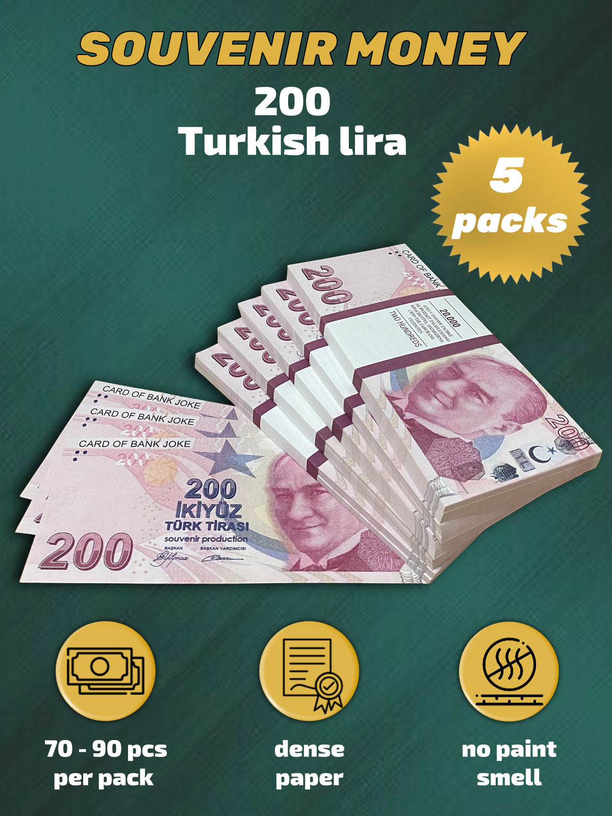 200 Turkish lira prop money stack two-sided five packs