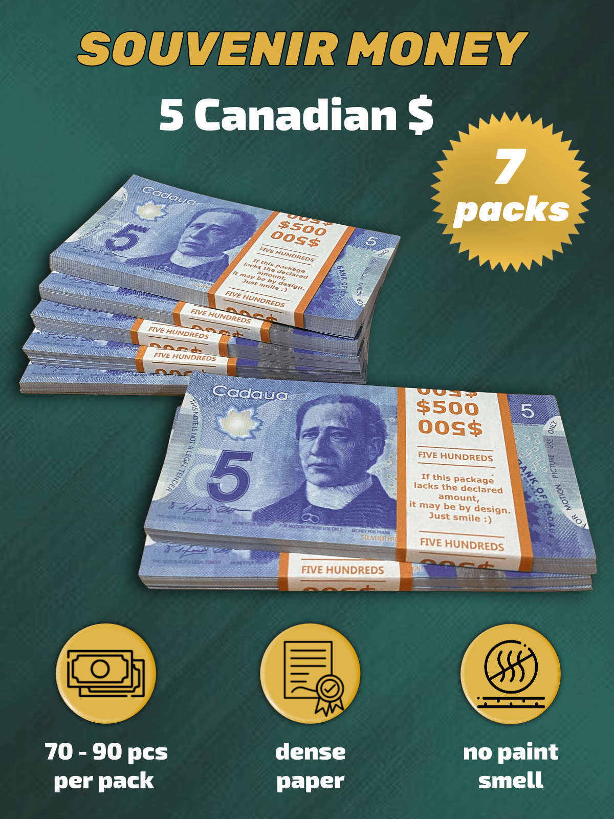 5 Canadian Dollars prop money stack two-sided seven packs