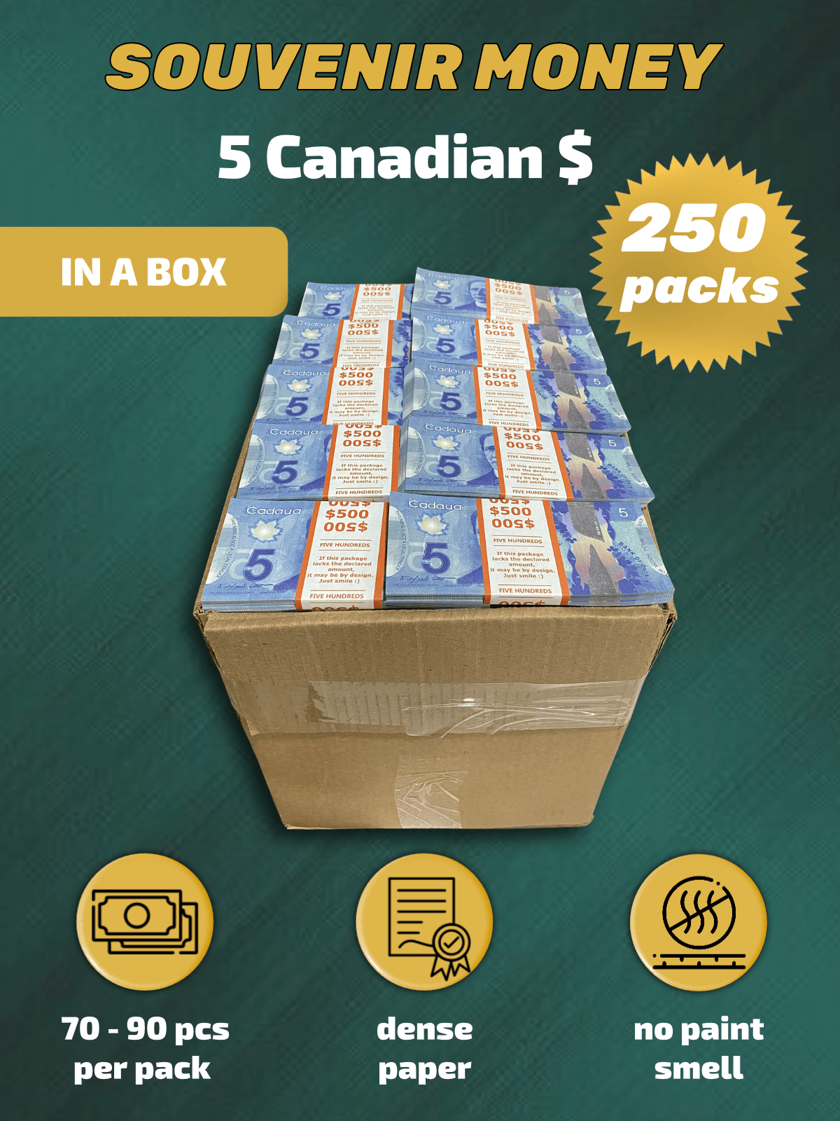 5 Canadian Dollars prop money stack two-sided two hundred fifty packs