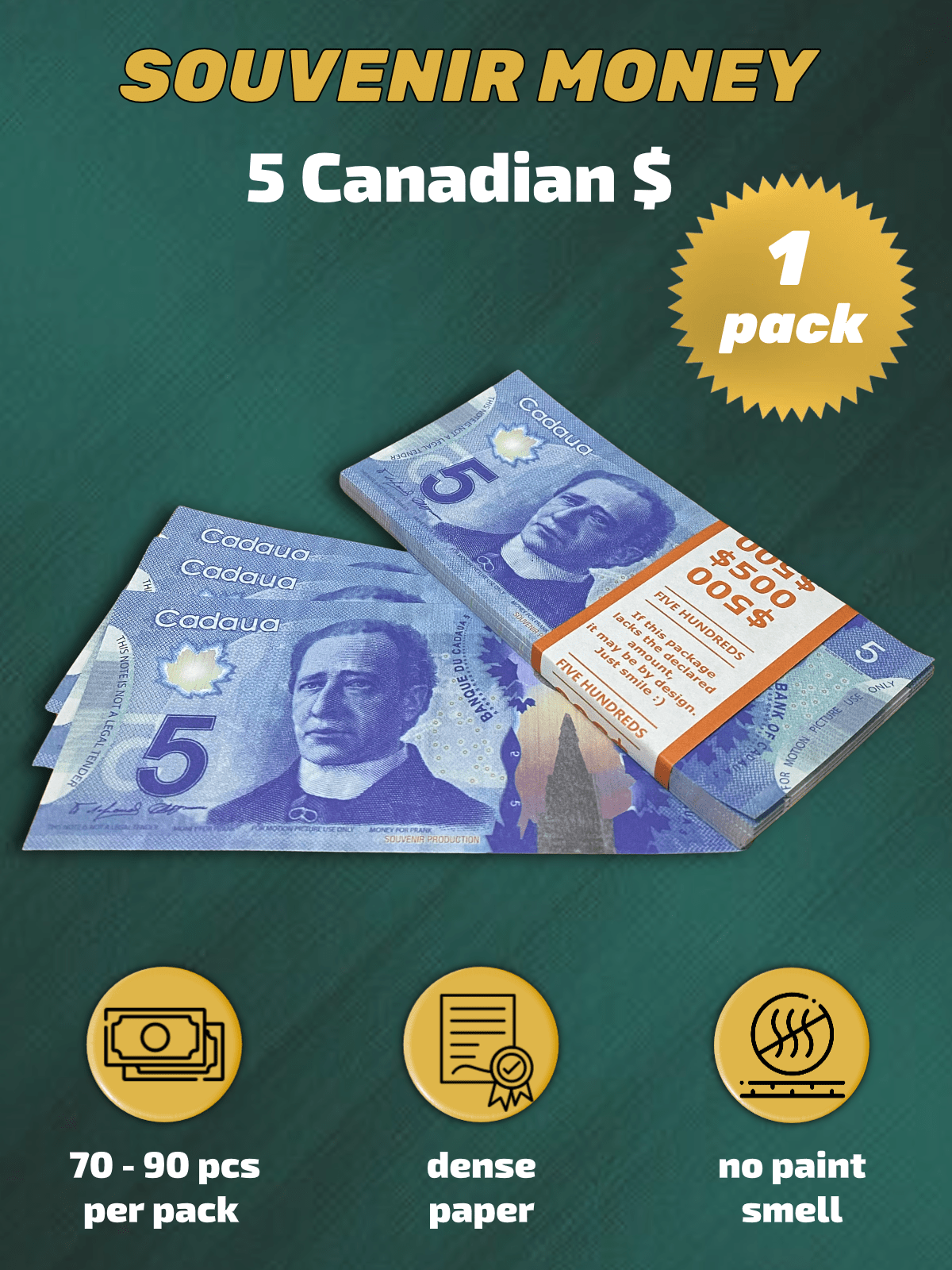 5 Canadian dollars prop money stack