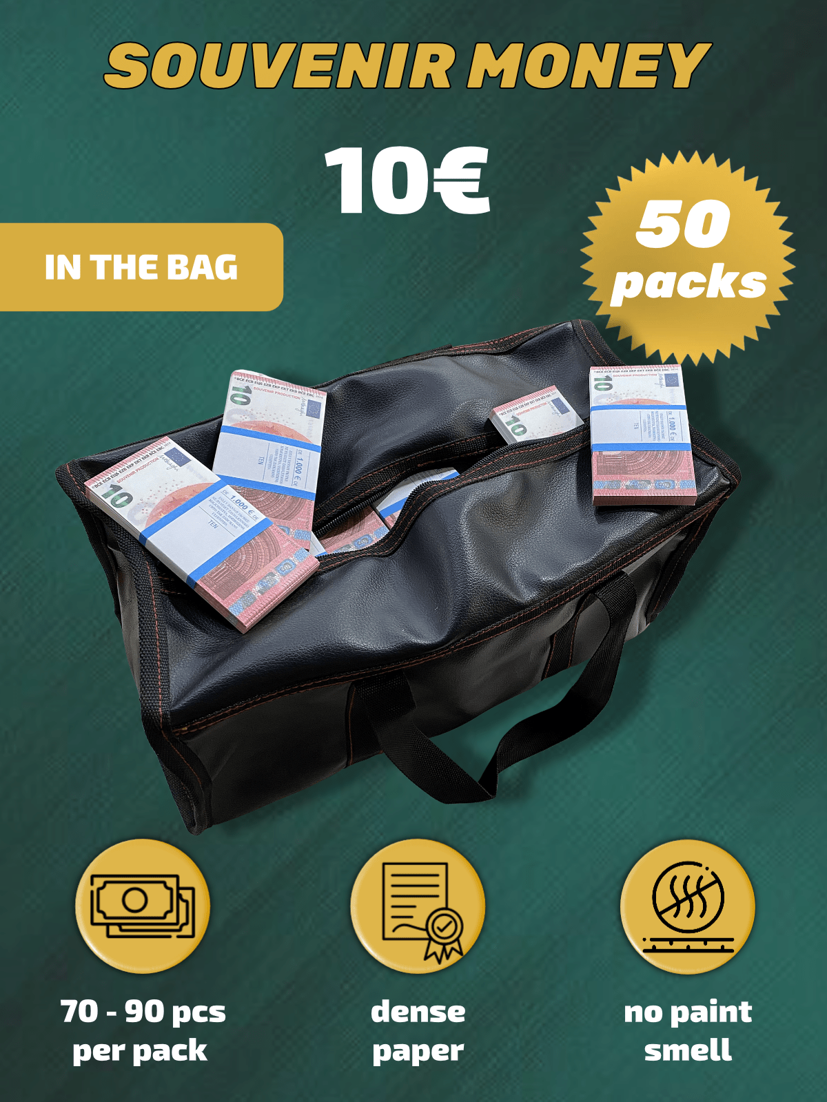 10 Euro prop money stack two-sided fifty packs & money bag