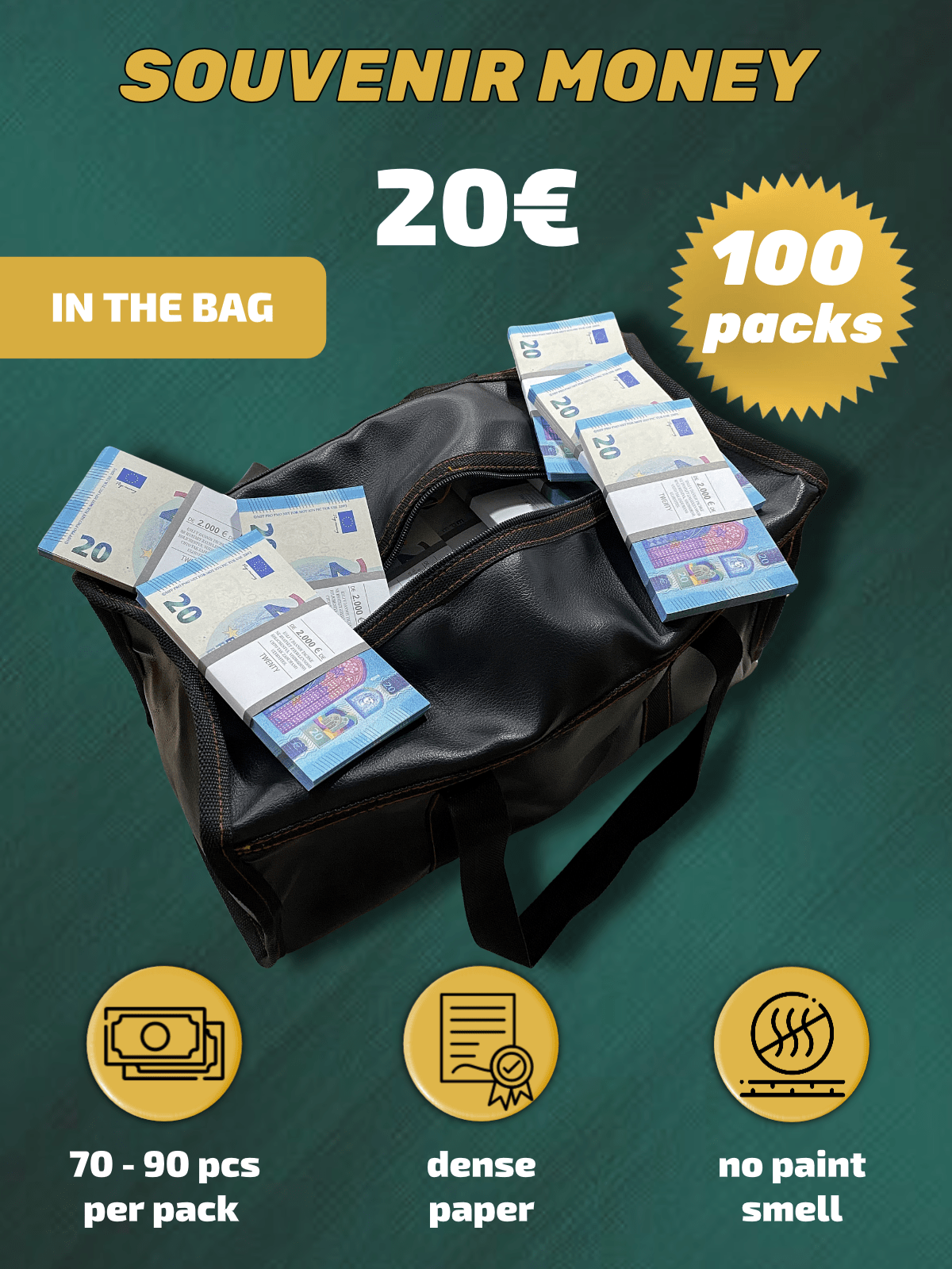 20 Euro prop money stack two-sided one hundred packs & money bag