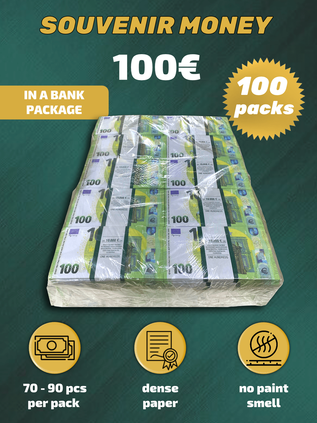 100 Euro prop money stack two-sided one hundred packs