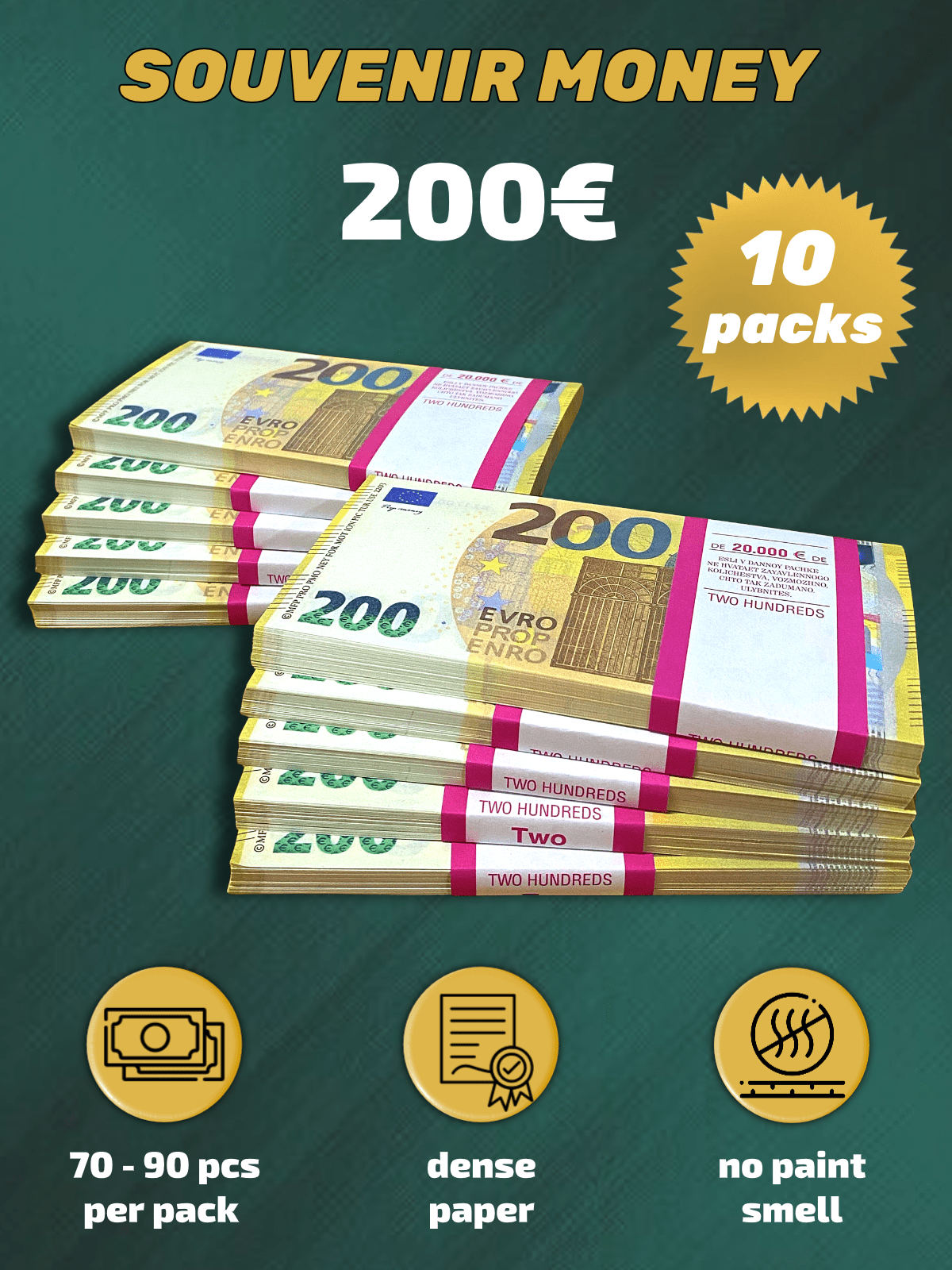 200 Euro prop money stack two-sided ten packs