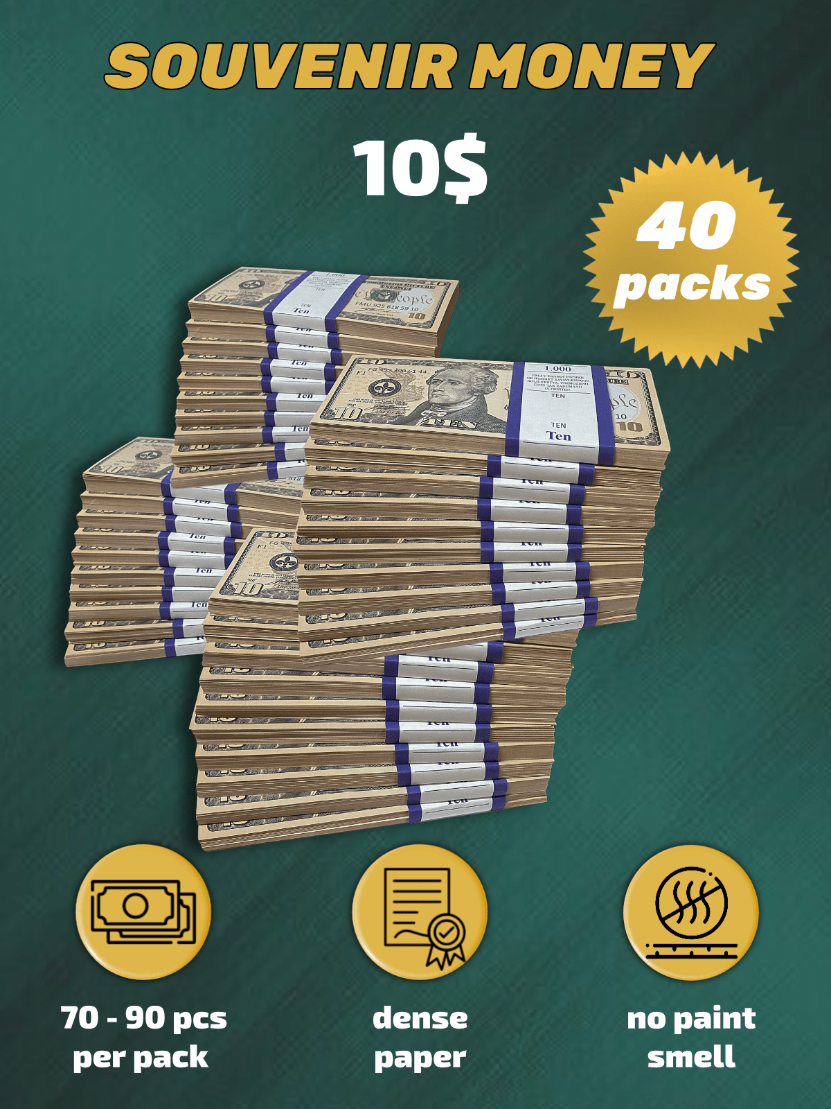 10 US Dollars prop money stack two-sided forty packs