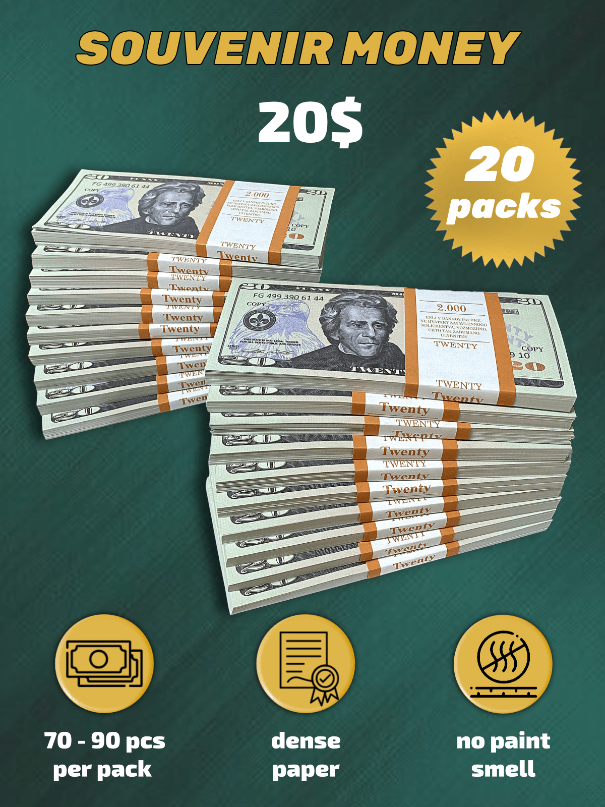 20 US Dollars prop money stack two-sided twenty packs