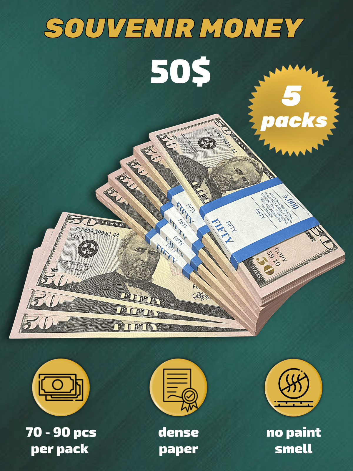 50 US Dollars prop money stack two-sided five packs