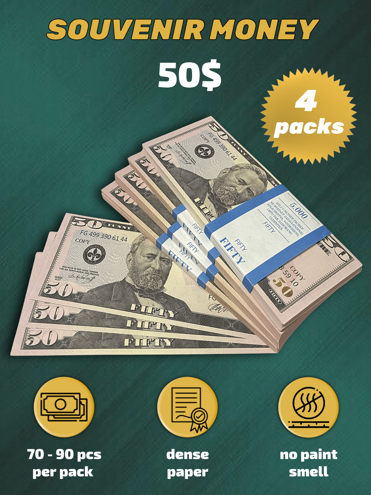 50 US Dollars prop money stack two-sided for packs