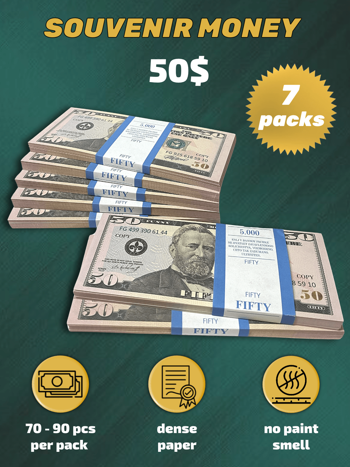 50 US Dollars prop money stack two-sided seven packs