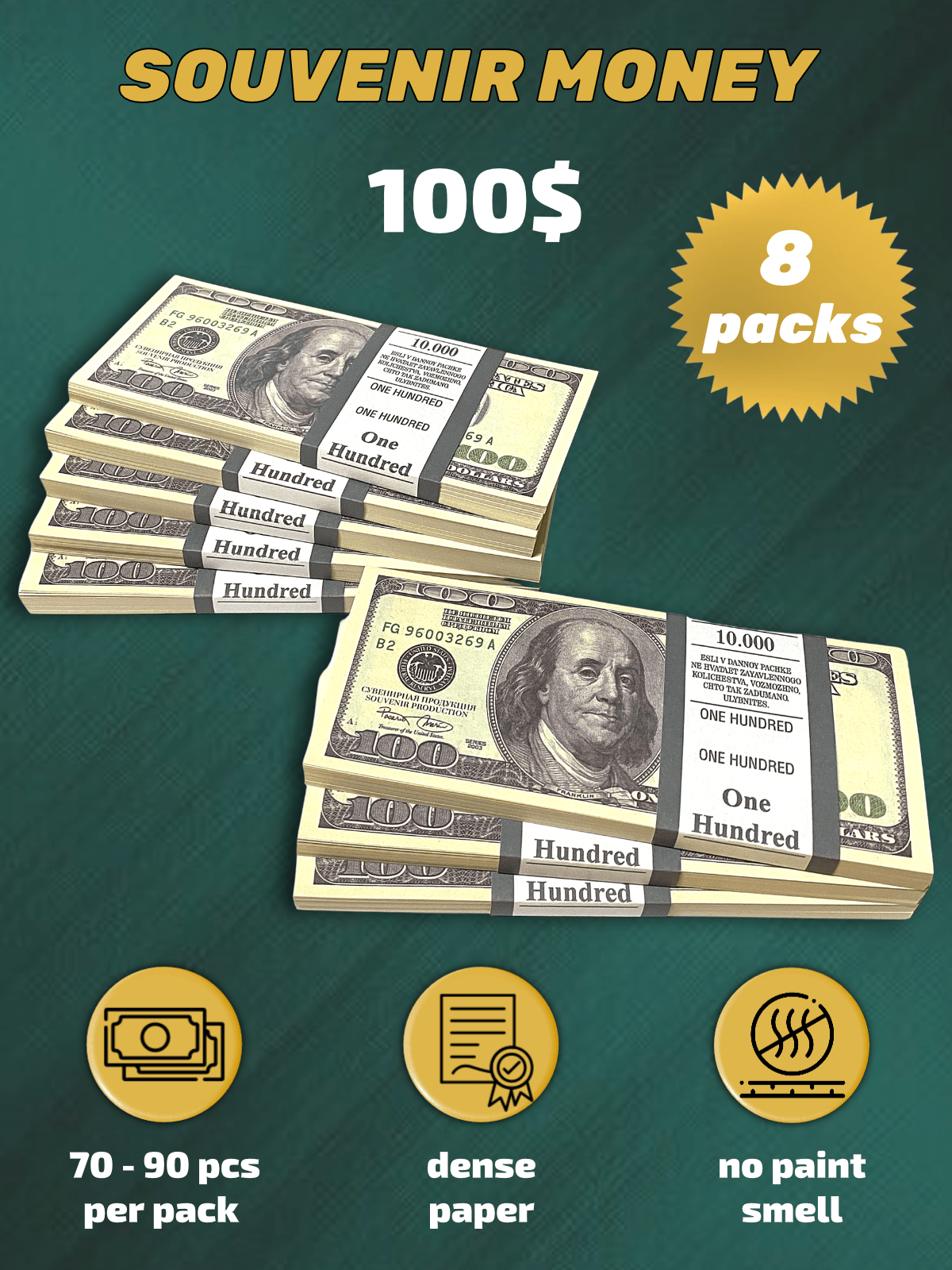 100 US Dollars prop money stack two-sided eight packs