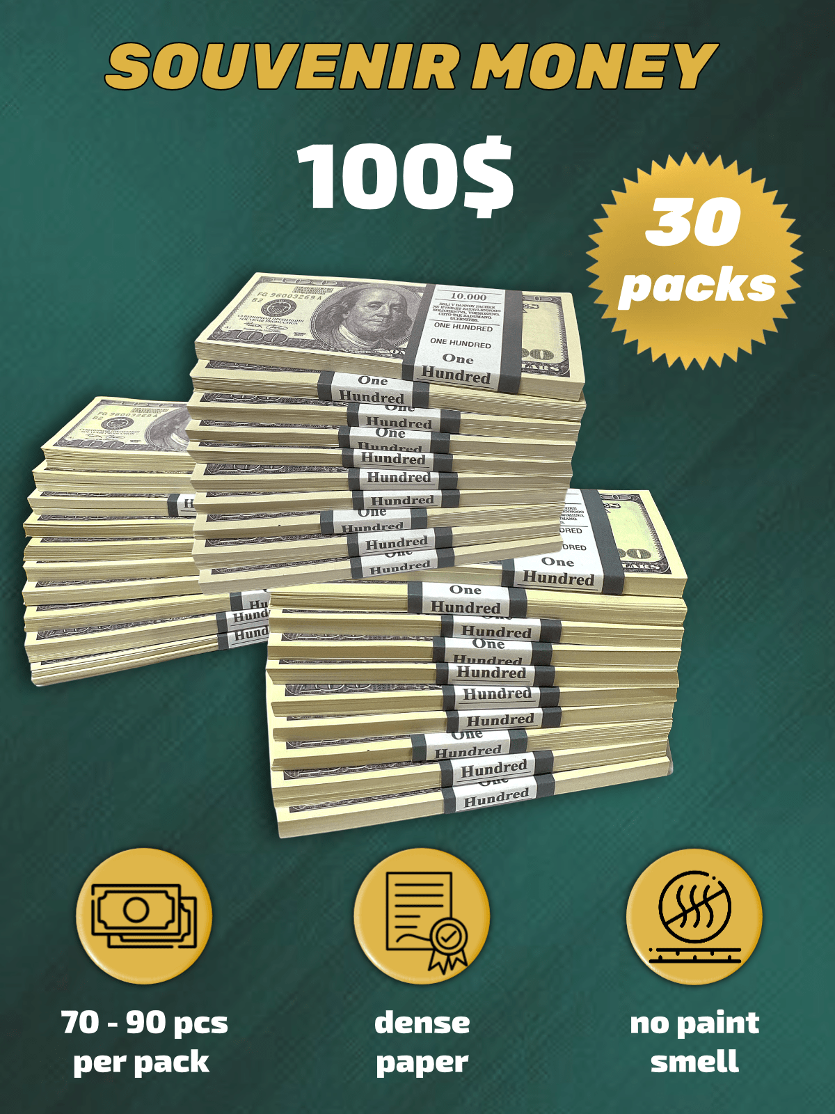 100 US Dollars prop money stack two-sided thirty packs