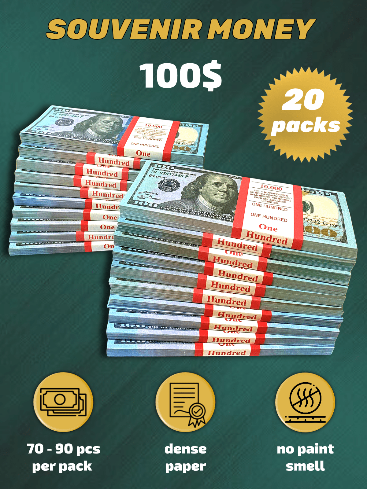 100 US Dollars New prop money stack two-sided twenty packs