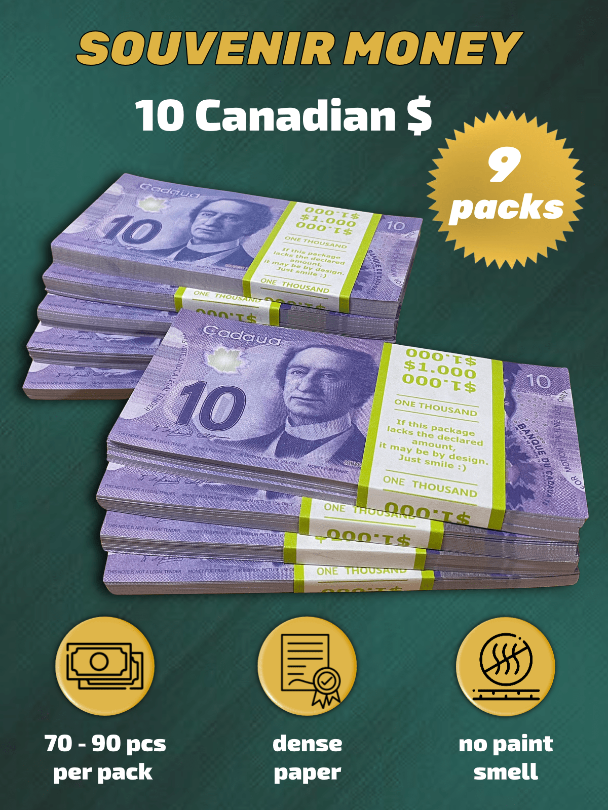 10 Canadian Dollars prop money stack two-sided nine packs