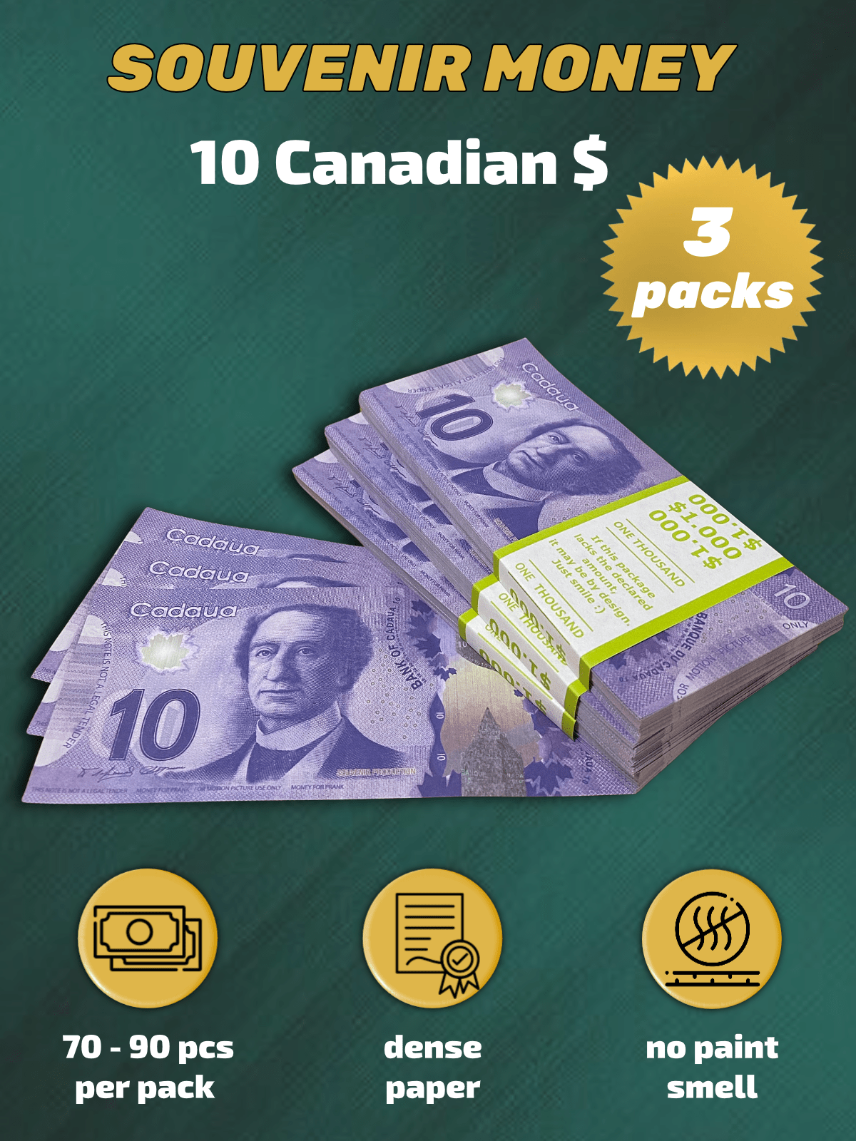 10 Canadian Dollars prop money stack two-sided three packs