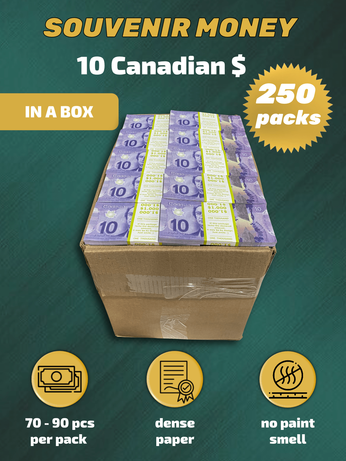 10 Canadian Dollars prop money stack two-sided two hundred fifty packs