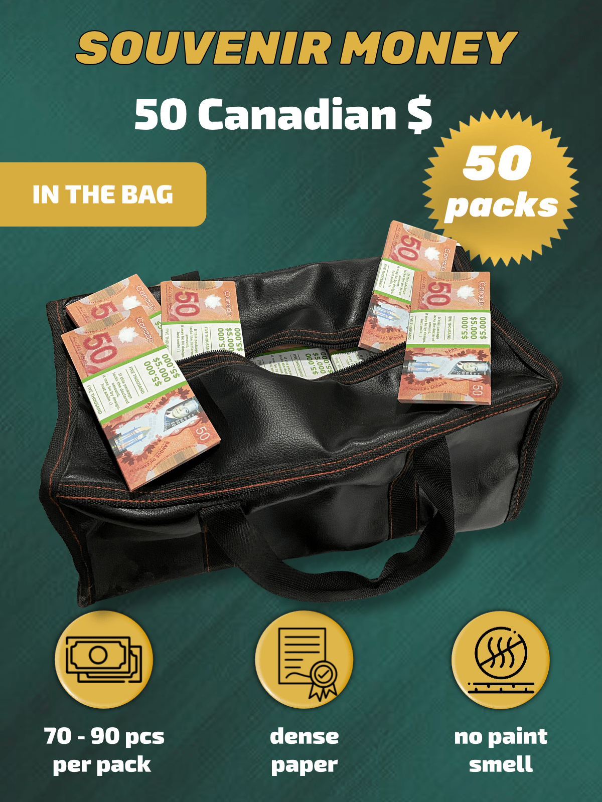 50 Canadian Dollars prop money stack two-sided fifty packs &amp; money bag