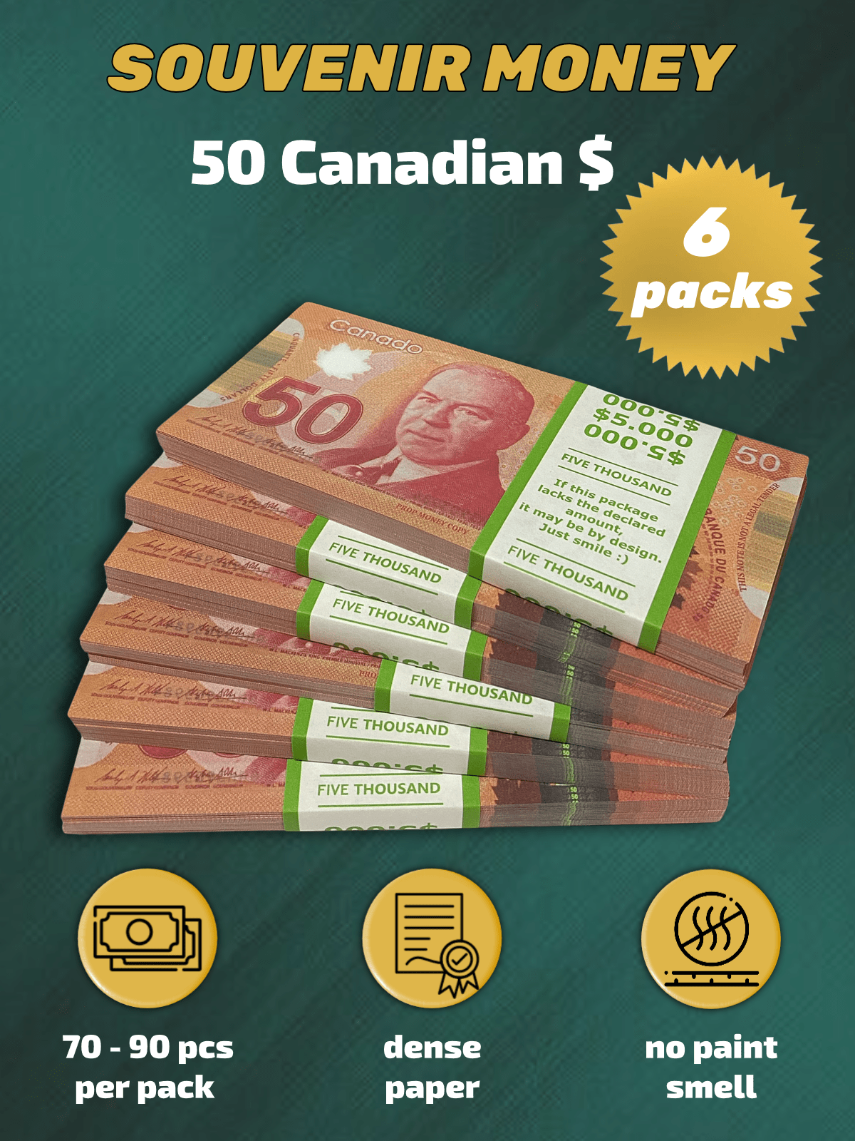 50 Canadian Dollars prop money stack two-sided six packs